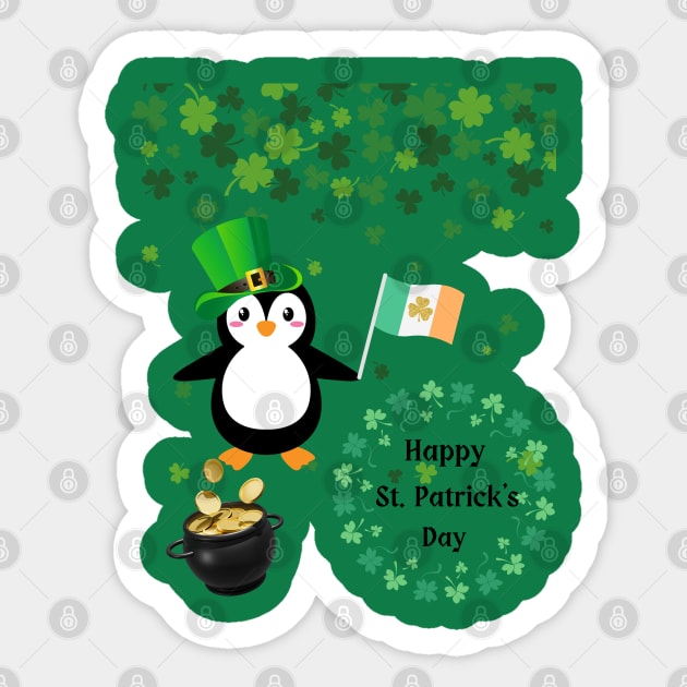 Happy St Patrick's Day Penguin With Pot of Gold and Irish Flag Sticker by The Treasure Hut